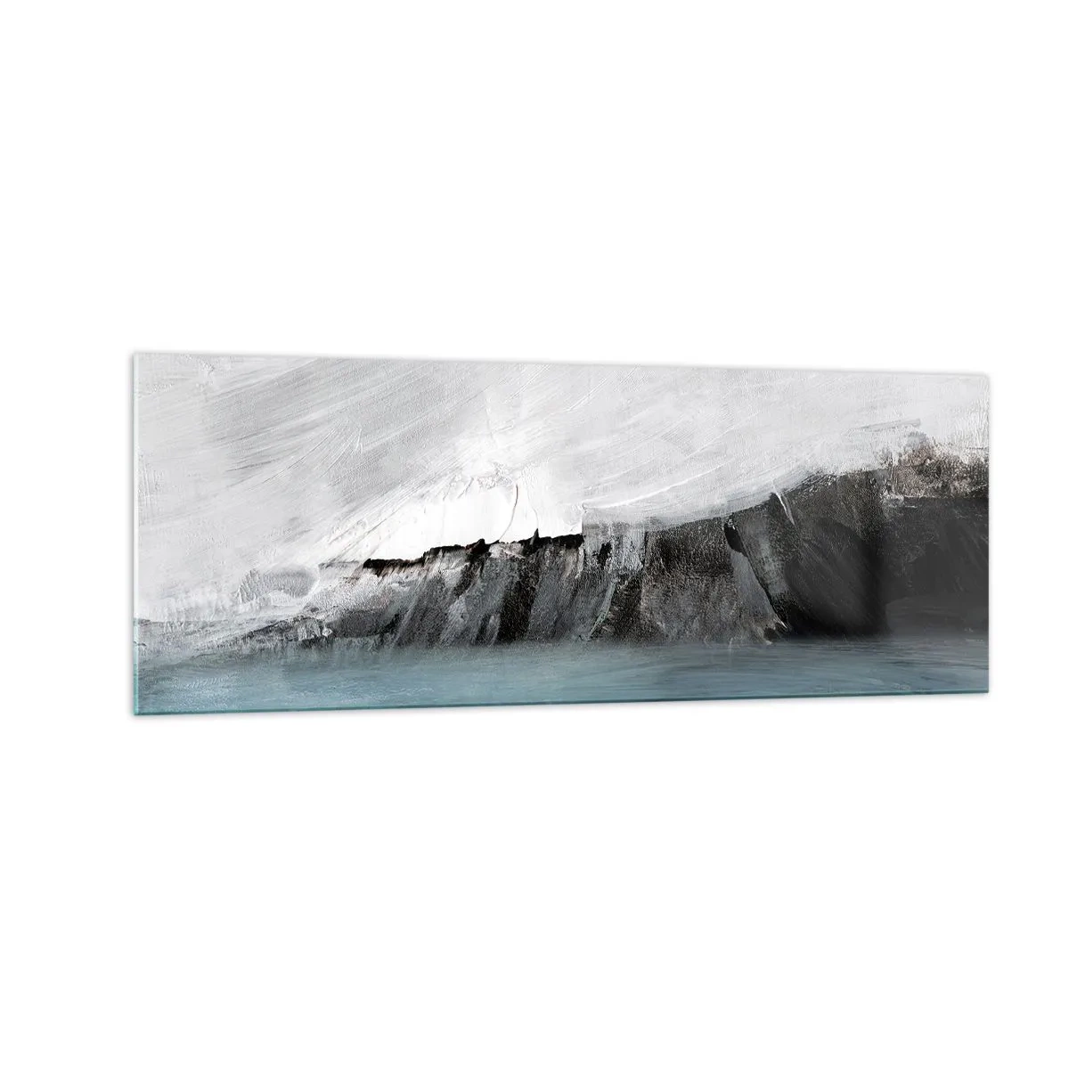 Quadro su vetro - Paesaggio astratto con acqua e una costa rocciosa - 140x50cm - Acqua-terra: lo scontro degli elementi - Decorazione murale moderna per soggiorno e camera da letto ARTTOR