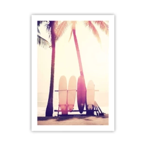Poster - Tavole da surf allineate sotto le palme sulla spiaggia - 50x70cm - Sarà un giorno fantastico - Decorazione murale moderna per soggiorno e camera da letto ARTTOR