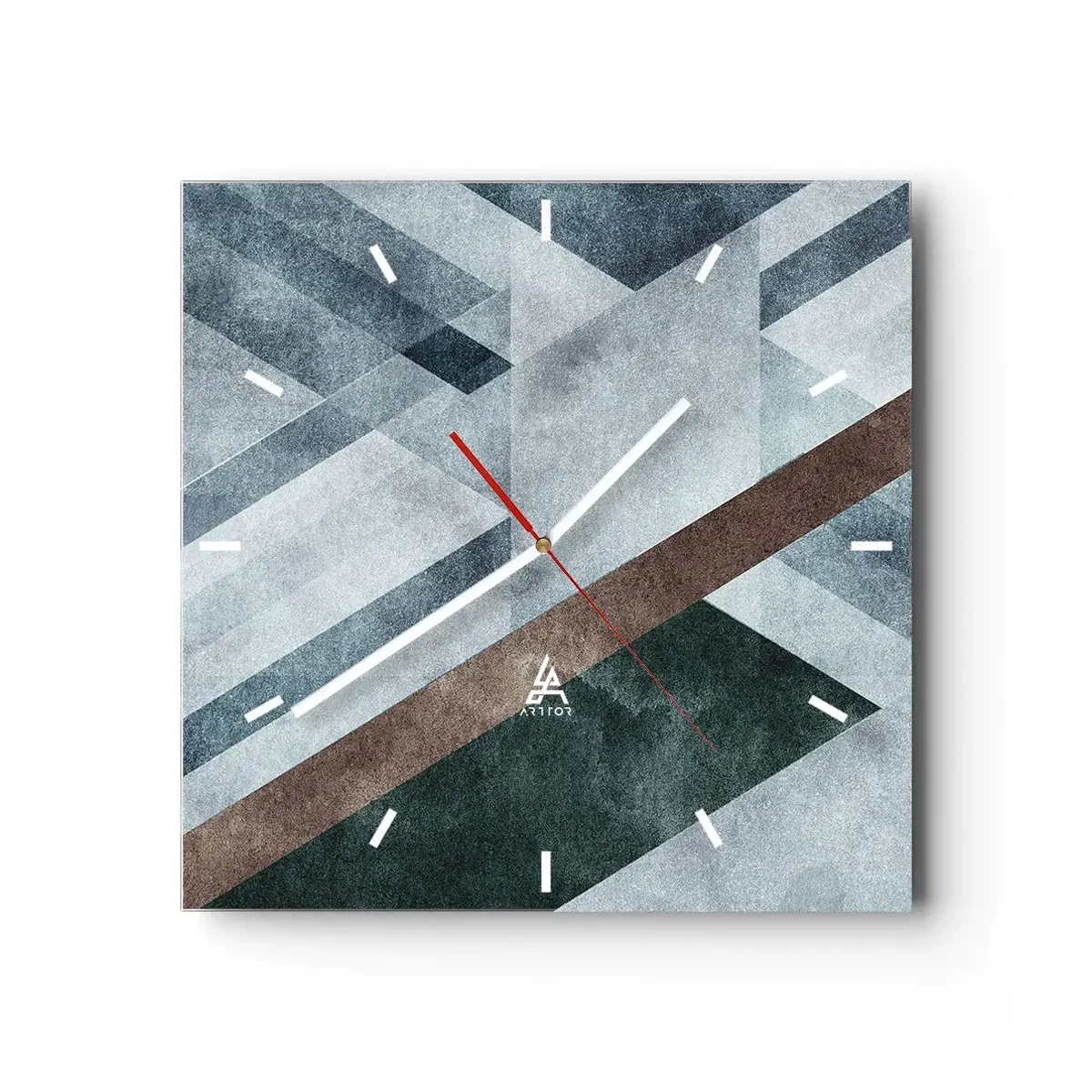 Orologio da parete - Orologio in Vetro - Forme geometriche in tonalità fredde di blu e marrone - 30x30cm - La ricercata eleganza della geometria - Decorazione murale moderna per soggiorno e camera da letto ARTTOR