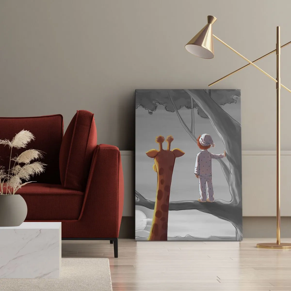 Quadro su tela - Stampe su Tela - Un bambino e una giraffa su un ramo di un albero in un paesaggio da favola - 50x70cm - Sta succedendo davvero - Decorazione murale moderna per soggiorno e camera da letto ARTTOR