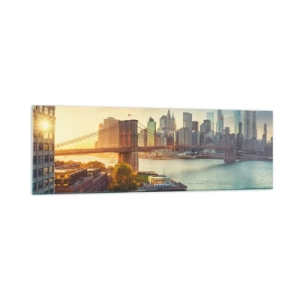 Quadro su vetro - Panorama della città con il ponte al tramonto - 160x50cm - L'alba nella grande città - Decorazione murale moderna per soggiorno e camera da letto ARTTOR