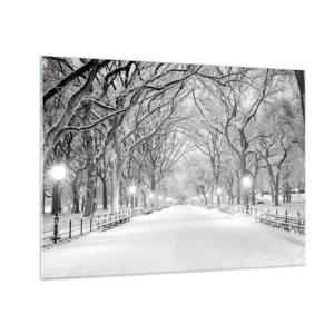 Quadro su vetro - Viale alberato invernale nel parco con luci e neve - 70x50cm - Quattro stagioni: l'inverno - Decorazione murale moderna per soggiorno e camera da letto ARTTOR