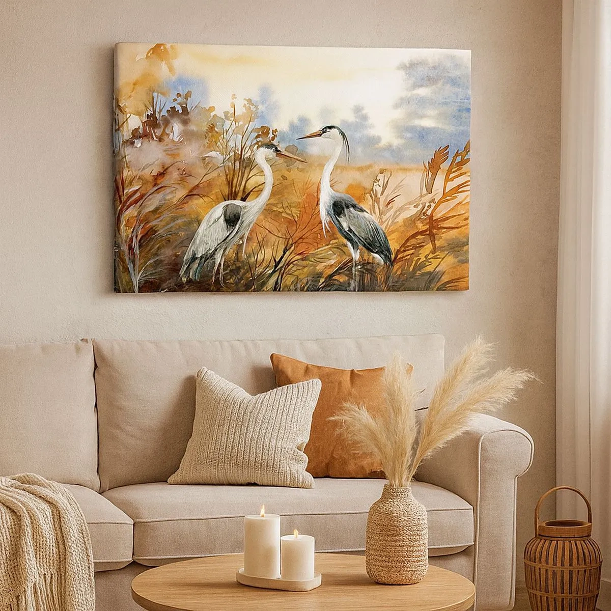 Quadro su tela - Stampe su Tela - Due aironi sullo sfondo di un paesaggio autunnale - 70x50cm - Dove in autunno? - Decorazione murale moderna per soggiorno e camera da letto ARTTOR