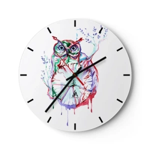 Orologio da parete - Orologio in Vetro - Gufo colorato in stile artistico su sfondo bianco - 30x30cm - Saggia di natura - Decorazione murale moderna per soggiorno, cucina e camera da letto ARTTOR