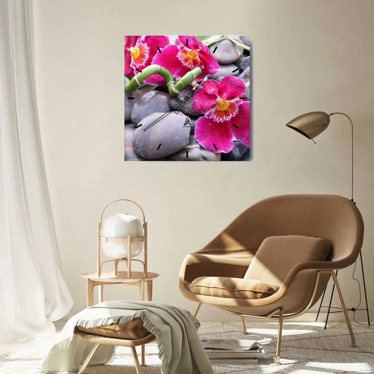 Orologio da parete - Orologio in Vetro - Orchidee rosa su uno sfondo di pietre lisce - 30x30cm - Fresco e calore - Decorazione murale moderna per soggiorno e camera da letto ARTTOR