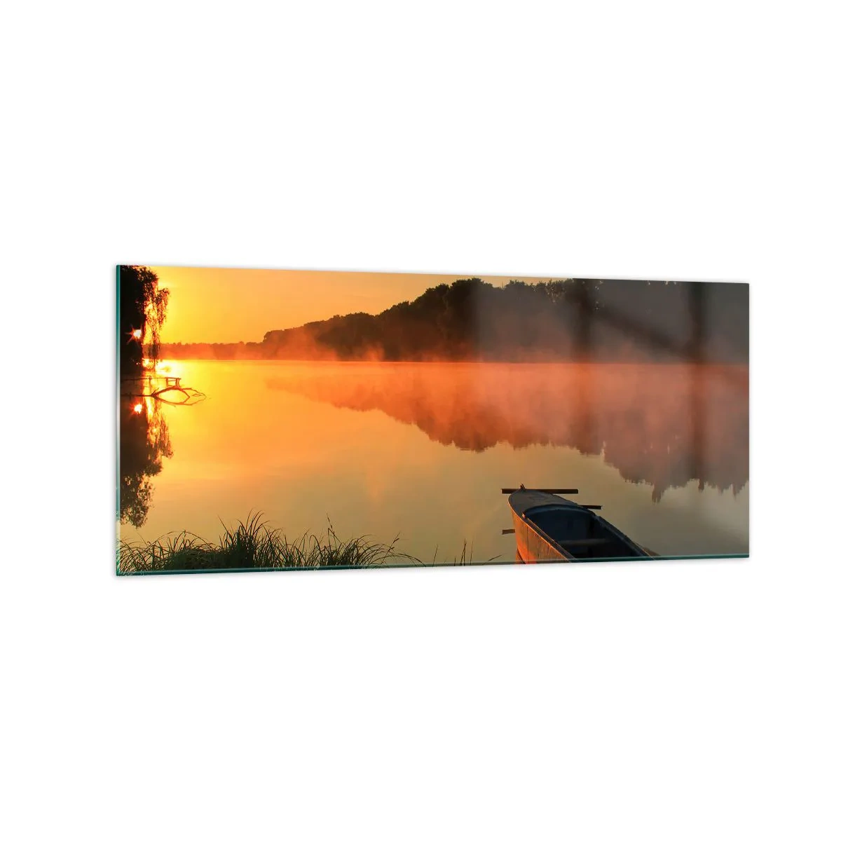 Quadro su vetro - Nebbia mattutina sul fiume con una barca sotto i raggi del sole - 120x50cm - Alba sull'acqua, come uno specchio - Decorazione murale moderna per soggiorno e camera da letto ARTTOR