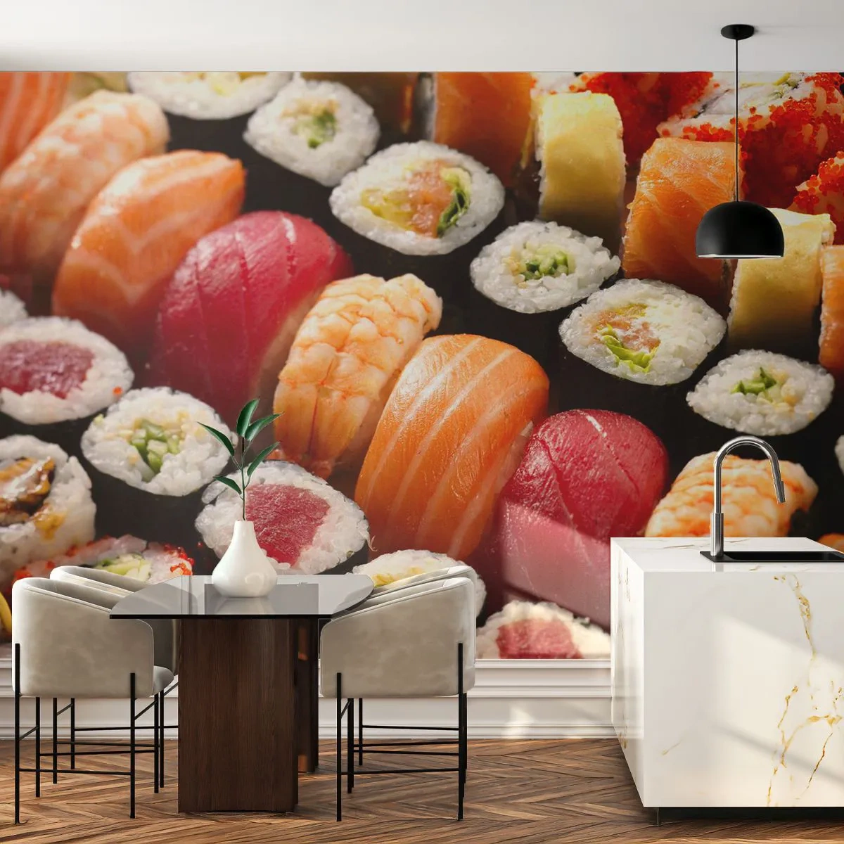 Fotomurali Premium Sand - Una composizione colorata di vari tipi di sushi - 100x70cm - Colori e sapori dell'Asia - Decorazione murale moderna per soggiorno e camera da letto ARTTOR