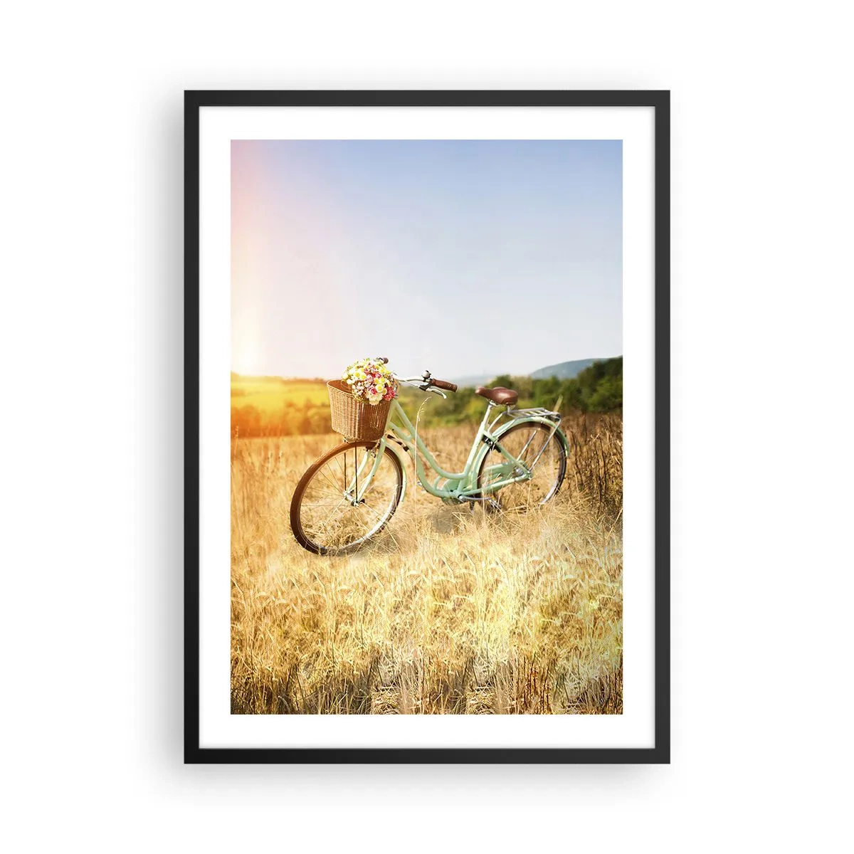 Poster in cornice nera - Una bicicletta con un cestino pieno di fiori in un prato - 50x70cm - Resto qui un attimo - Decorazione murale moderna per soggiorno e camera da letto ARTTOR