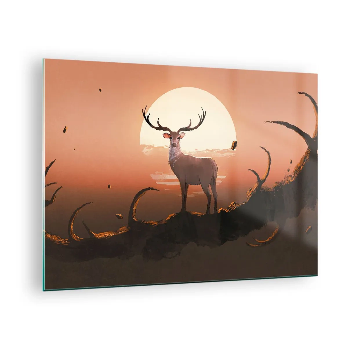 Quadro su vetro - Silhouette di un cervo sullo sfondo di una grande luna circondata da rami - 70x50cm - Questa notte è diversa dalle altre - Decorazione murale moderna per soggiorno e camera da letto ARTTOR