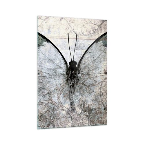 Quadro su vetro - Una farfalla nei toni del verde e del grigio su uno sfondo decorativo - 70x100cm - In stile Art Nouveau - Decorazione murale moderna per soggiorno e camera da letto ARTTOR