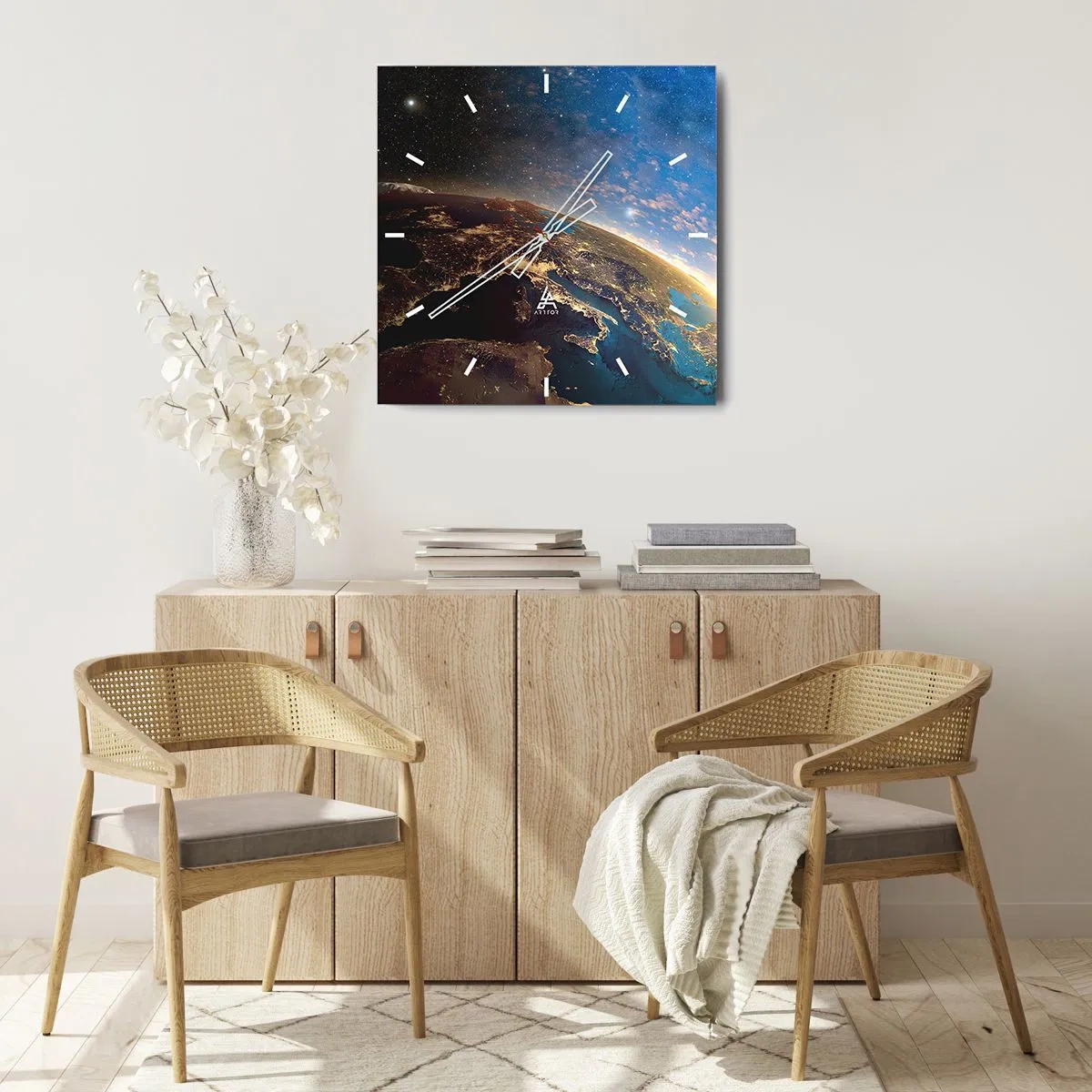 Orologio da parete - Orologio in Vetro - Vista della Terra dallo spazio all'alba - 30x30cm - Guardiamoci da lontano - Decorazione murale moderna per soggiorno e camera da letto ARTTOR