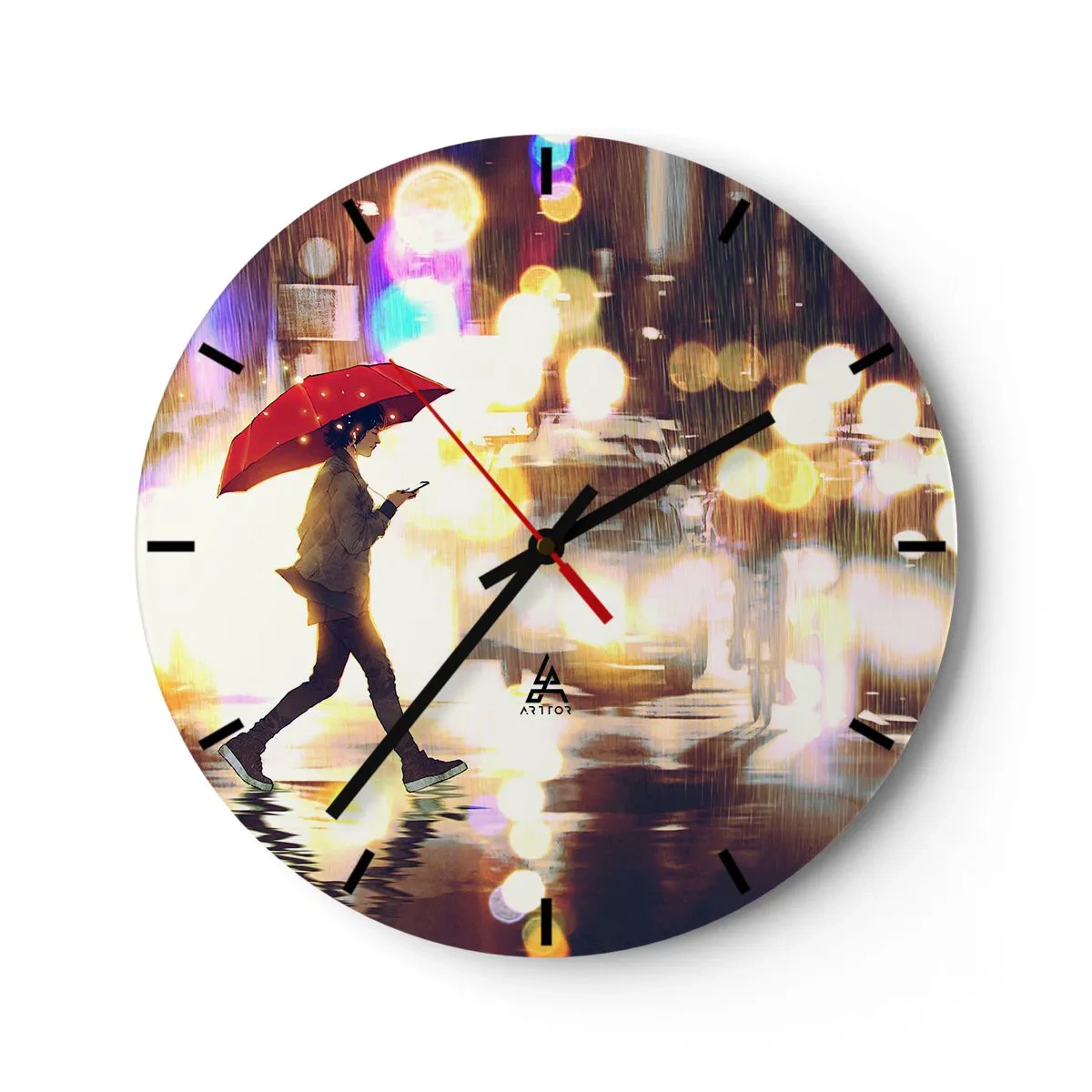 Orologio da parete - Orologio in Vetro - Una figura con un ombrello rosso sullo sfondo delle luci notturne della città - 30x30cm - Tuttavia è assolata - Decorazione murale moderna per soggiorno, cucina e camera da letto ARTTOR