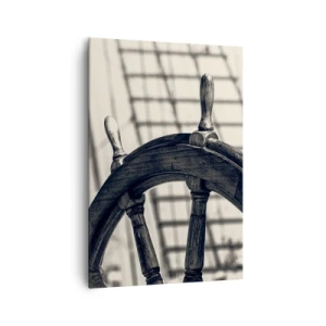 Quadro su tela - Stampe su Tela - Un timone a vela in stile retrò con una nave sullo sfondo - 70x100cm - Racconti del mare - Decorazione murale moderna per soggiorno e camera da letto ARTTOR