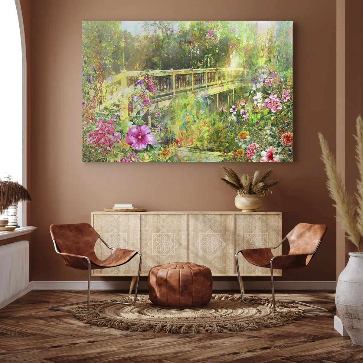 Quadro su tela - Stampe su Tela - Un ponte circondato da una vegetazione lussureggiante e fiori - 100x70cm - Il ponte dei sospiri primaverili - Decorazione murale moderna per soggiorno e camera da letto ARTTOR