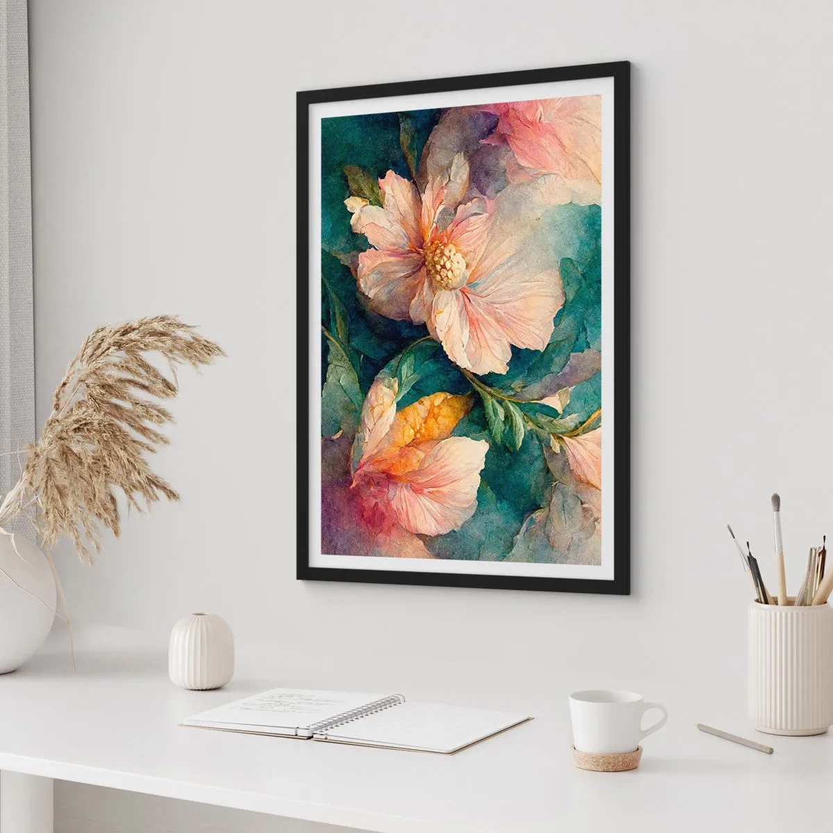 Poster in cornice nera - Delicati fiori in stile acquerello - 50x70cm - Delicatezza pura - Decorazione murale moderna per soggiorno e camera da letto ARTTOR