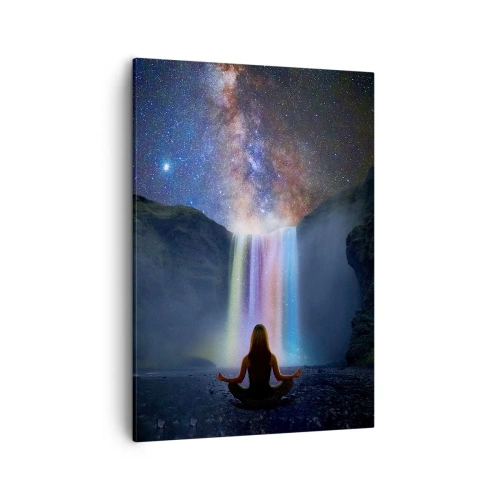 Quadro su tela - Stampe su Tela - Meditazione davanti a una cascata tra le stelle - 50x70cm - Armonia assoluta - Decorazione murale moderna per soggiorno e camera da letto ARTTOR