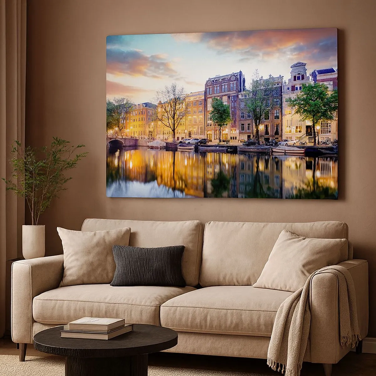 Quadro su tela - Stampe su Tela - Canale con il riflesso delle case popolari nella luce della sera - 70x50cm - Bellezza olandese riservata e tranquilla - Decorazione murale moderna per soggiorno e camera da letto ARTTOR