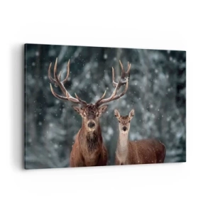 Quadro su tela - Stampe su Tela - Cervi in una foresta invernale innevata - 120x80cm - Il re della foresta con la consorte - Decorazione murale moderna per soggiorno e camera da letto ARTTOR