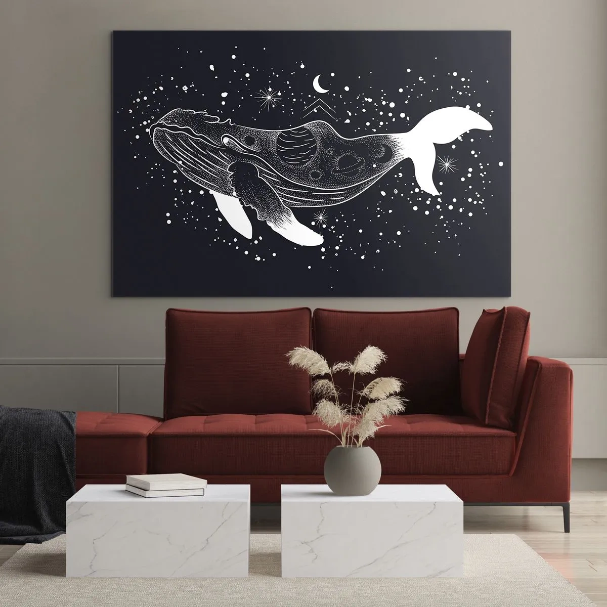 Quadro su vetro - Silhouette bianca grafica di una balena che fluttua nello spazio - 70x50cm - Nell'oceano dell'universo - Decorazione murale moderna per soggiorno e camera da letto ARTTOR