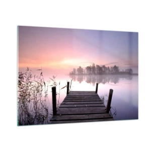 Quadro su vetro - Un molo all'alba su un lago calmo - 100x70cm - Nebbia color lilla - Decorazione murale moderna per soggiorno e camera da letto ARTTOR