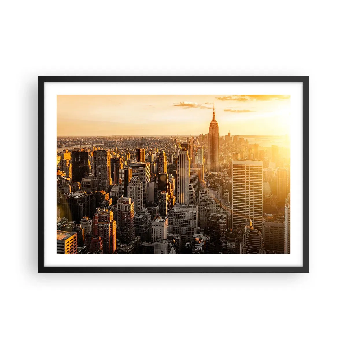 Poster in cornice nera - Skyline di New York City al tramonto con vista sull'Empire State Building - 70x50cm - Crescere al sole - Decorazione murale moderna per soggiorno e camera da letto ARTTOR