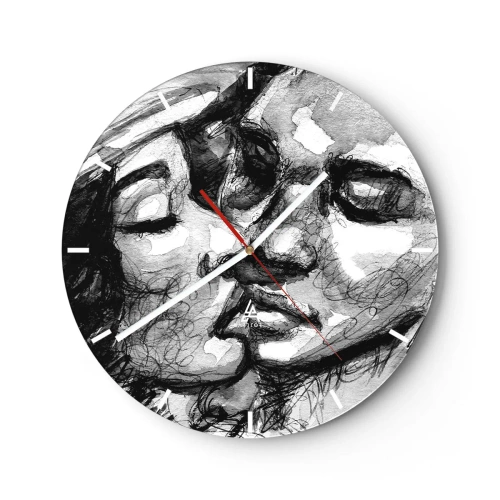 Orologio da parete - Orologio in Vetro - Schizzo in bianco e nero di una coppia che si bacia - 30x30cm - Un attimo di tenerezza - Decorazione murale moderna per soggiorno, cucina e camera da letto ARTTOR