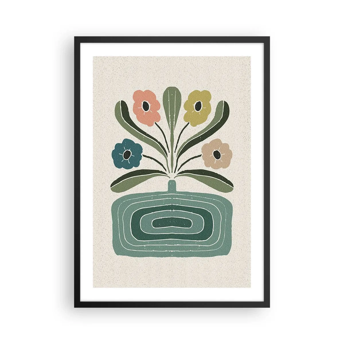 Poster in cornice nera - Fiori stilizzati in una composizione grafica - 50x70cm - Bouquet simmetrico - Decorazione murale moderna per soggiorno e camera da letto ARTTOR
