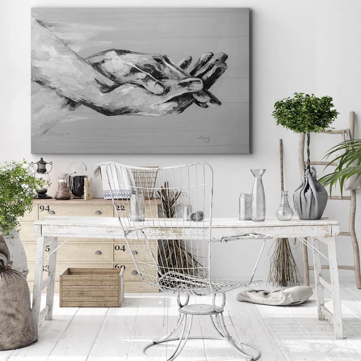 Quadro su tela - Stampe su Tela - Composizione in bianco e nero di due mani giunte su uno sfondo chiaro. - 120x80cm - Inizio... - Decorazione murale moderna per soggiorno e camera da letto ARTTOR