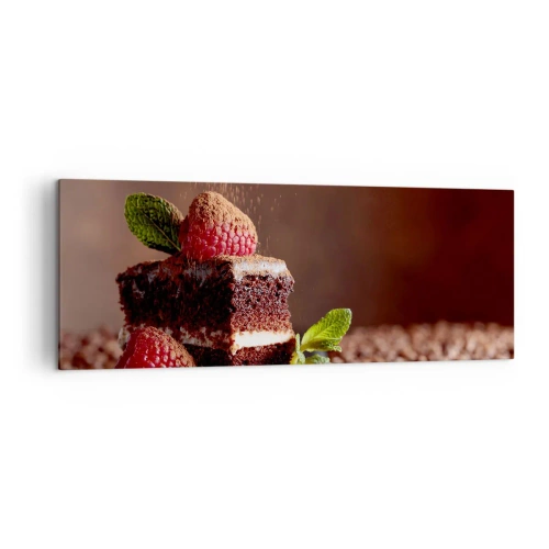 Quadro su tela - Stampe su Tela - Torta al cioccolato con lamponi e menta su uno sfondo di fave di cacao - 140x50cm - La vita è dolce - Decorazione murale moderna per soggiorno e camera da letto ARTTOR