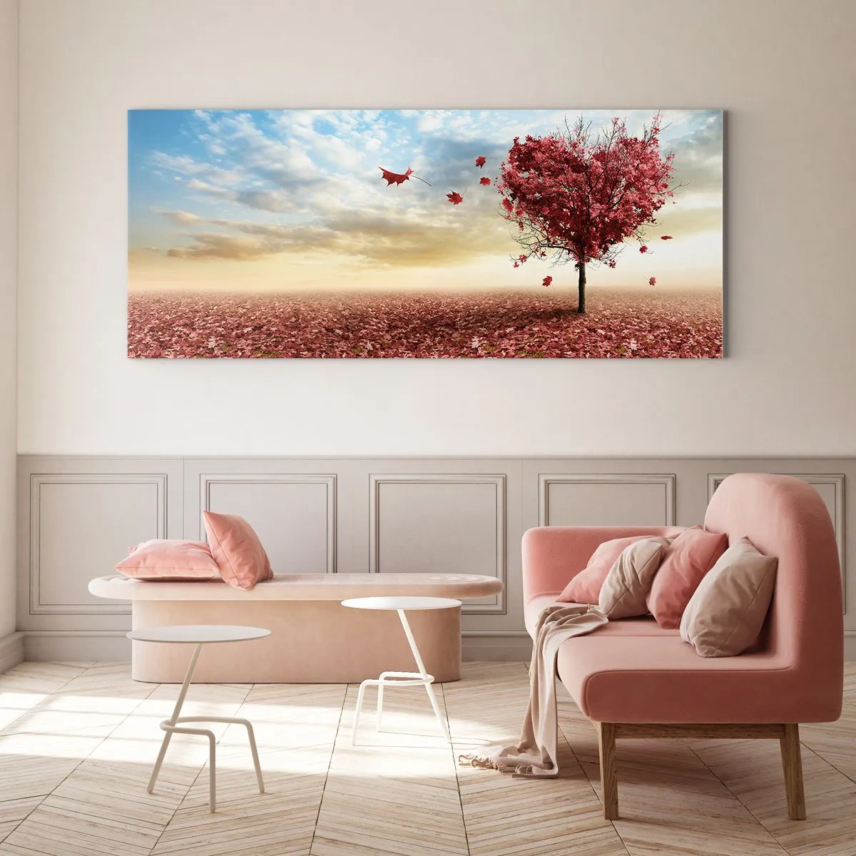 Quadro su vetro - Un albero solitario a forma di cuore in un campo di foglie rosse - 120x50cm - Ama questo autunno - Decorazione murale moderna per soggiorno e camera da letto ARTTOR