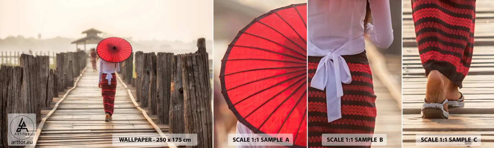 Campione Di Fotomurale Standard Eco - Sul vecchio ponte - Ombrello, Birmania, Ponte di Legno - 100x30 cm