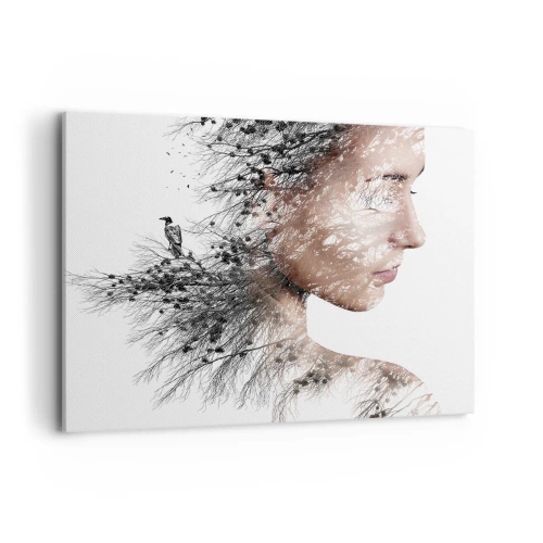 Quadro su tela - Stampe su Tela - Silhouette di una donna con un motivo di ramo e uccello sullo sfondo - 120x80cm - Lo spirito della foresta - Decorazione murale moderna per soggiorno e camera da letto ARTTOR