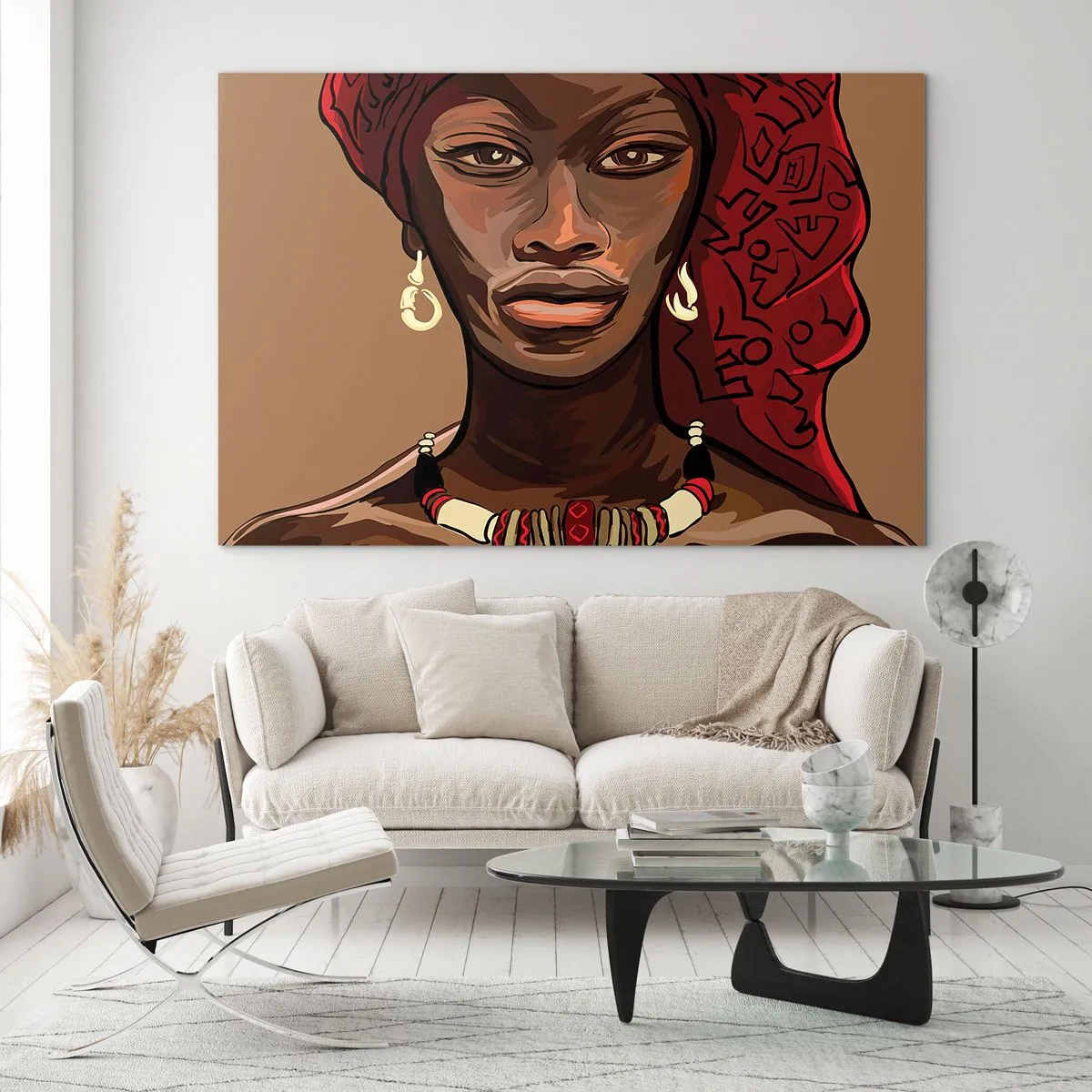Quadro su vetro - Ritratto stilizzato di una donna con turbante rosso e gioielli. - 70x50cm - Venere di ebano - Decorazione murale moderna per soggiorno e camera da letto ARTTOR