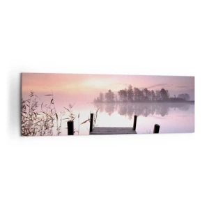 Quadro su tela - Stampe su Tela - Un molo sul lago all'alba con nebbia e un cielo pastello - 160x50cm - Nebbia color lilla - Decorazione murale moderna per soggiorno e camera da letto ARTTOR