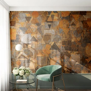 Fotomurali Premium Sand - Astrazione geometrica marrone dorato con triangoli - 100x70cm - Il mondo compreso nella forma - Decorazione murale moderna per soggiorno e camera da letto ARTTOR