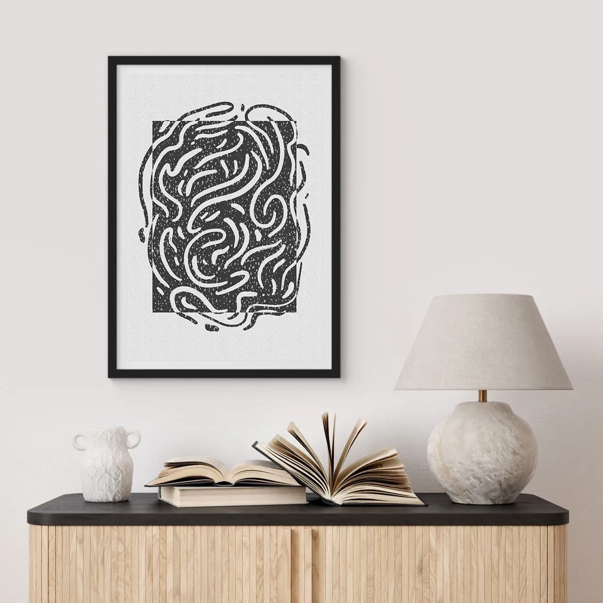 Poster in cornice nera - Composizione astratta con linee e forme dinamiche in bianco e nero. - 50x70cm - Astrazione: la danza della gioia - Decorazione murale moderna per soggiorno e camera da letto ARTTOR