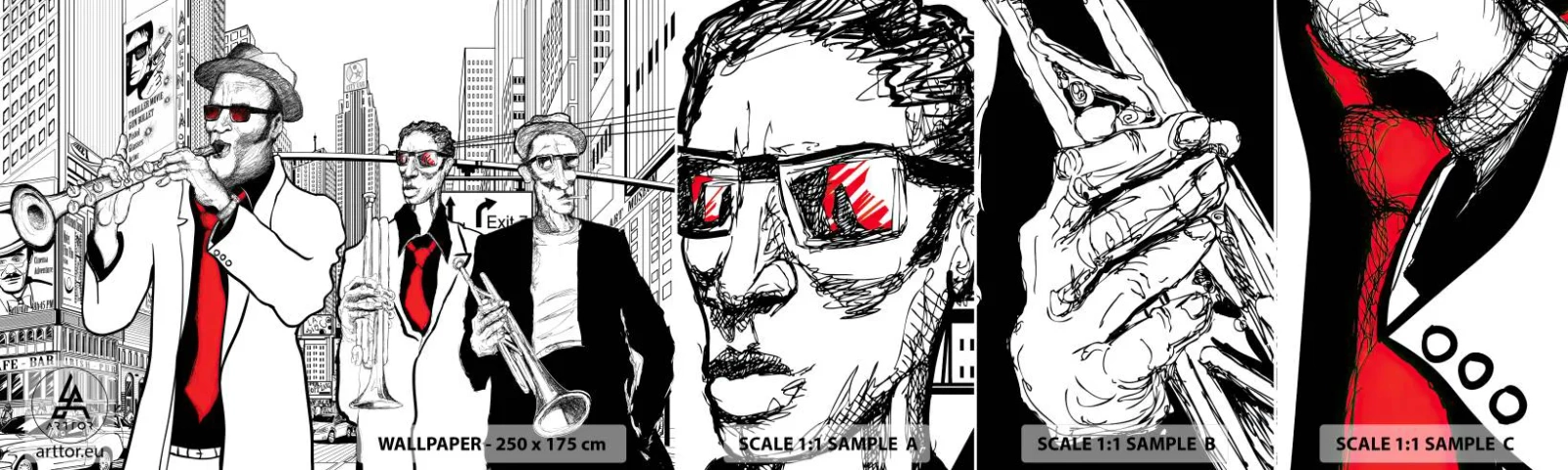 Campione Di Fotomurale Standard Eco - Rapsodia cittadina in nero e rosso - New York, Jazz, Musica - 100x30 cm