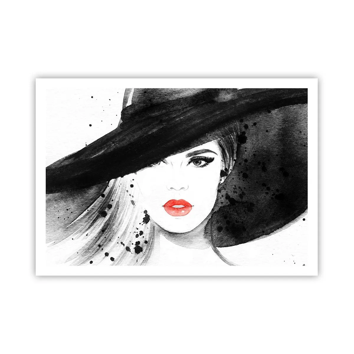 Poster - Ritratto di una donna con un cappello e labbra rosse - 100x70cm - Donna in nero - Decorazione murale moderna per soggiorno e camera da letto ARTTOR