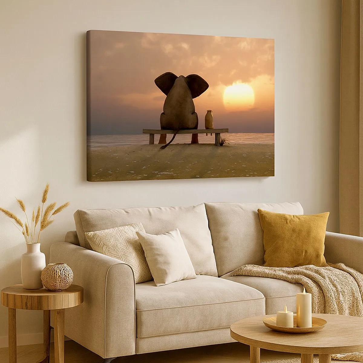 Quadro su tela - Stampe su Tela - Un elefante e un cane sono seduti su una panchina sulla spiaggia durante il tramonto. - 70x50cm - A volte bisogna tacere - Decorazione murale moderna per soggiorno e camera da letto ARTTOR