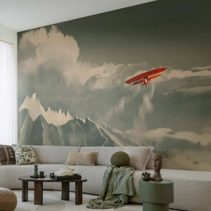 Fotomurali Premium Sand - Un aereo rosso che vola sopra le montagne innevate - 100x70cm - Pioniere senza paura - Decorazione murale moderna per soggiorno e camera da letto ARTTOR