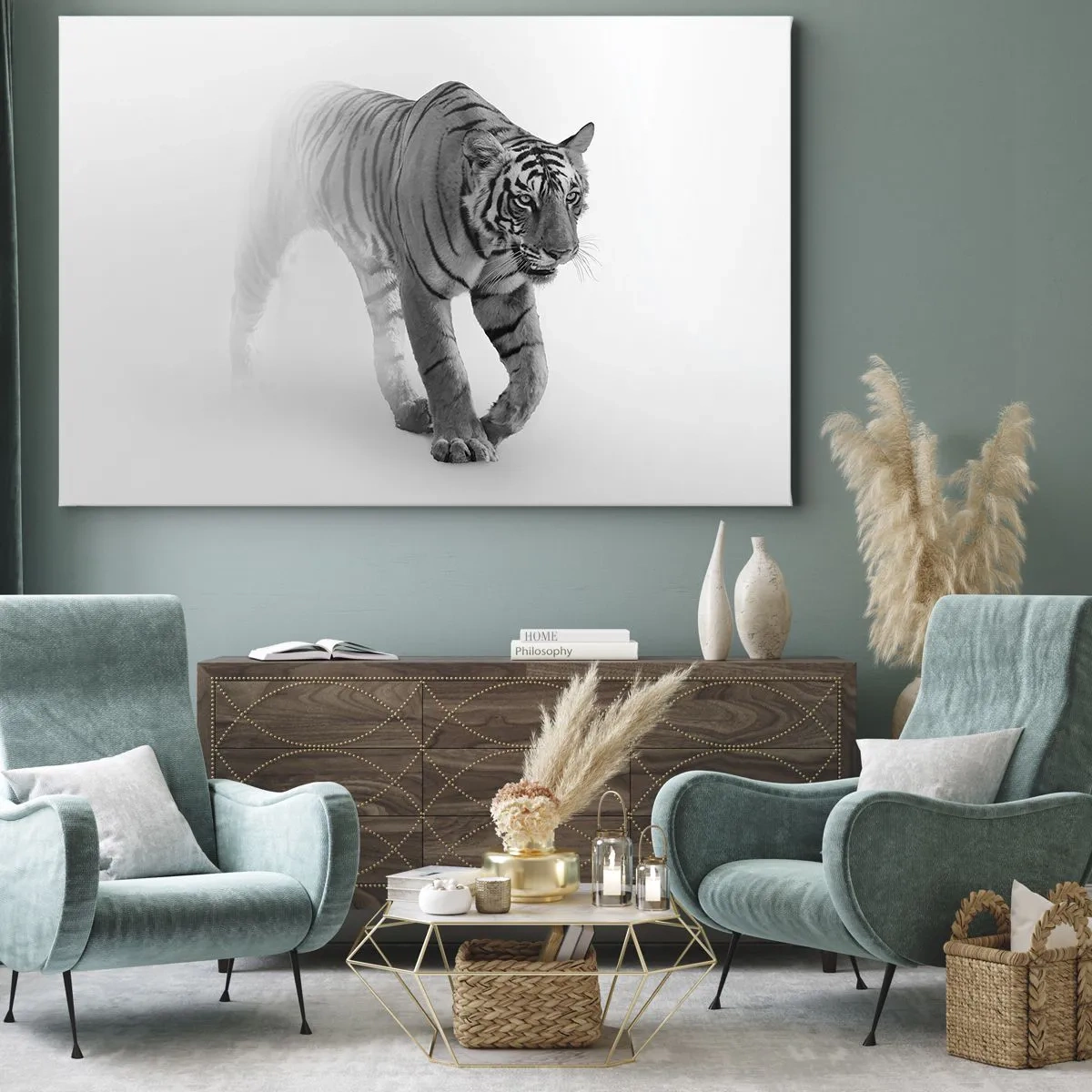 Quadro su tela - Stampe su Tela - Una tigre che emerge dalla nebbia - 100x70cm - Incantato nella nebbia - Decorazione murale moderna per soggiorno e camera da letto ARTTOR