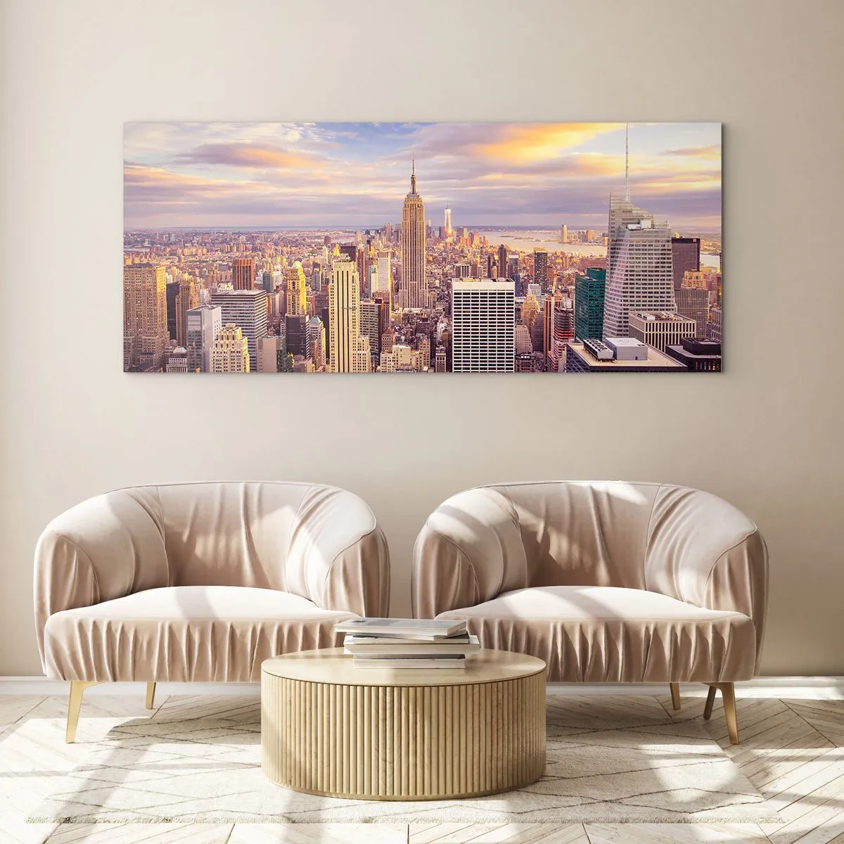 Quadro su vetro - Panorama di una città moderna con grattacieli al tramonto - 140x50cm - Toccando le nuvole - Decorazione murale moderna per soggiorno e camera da letto ARTTOR