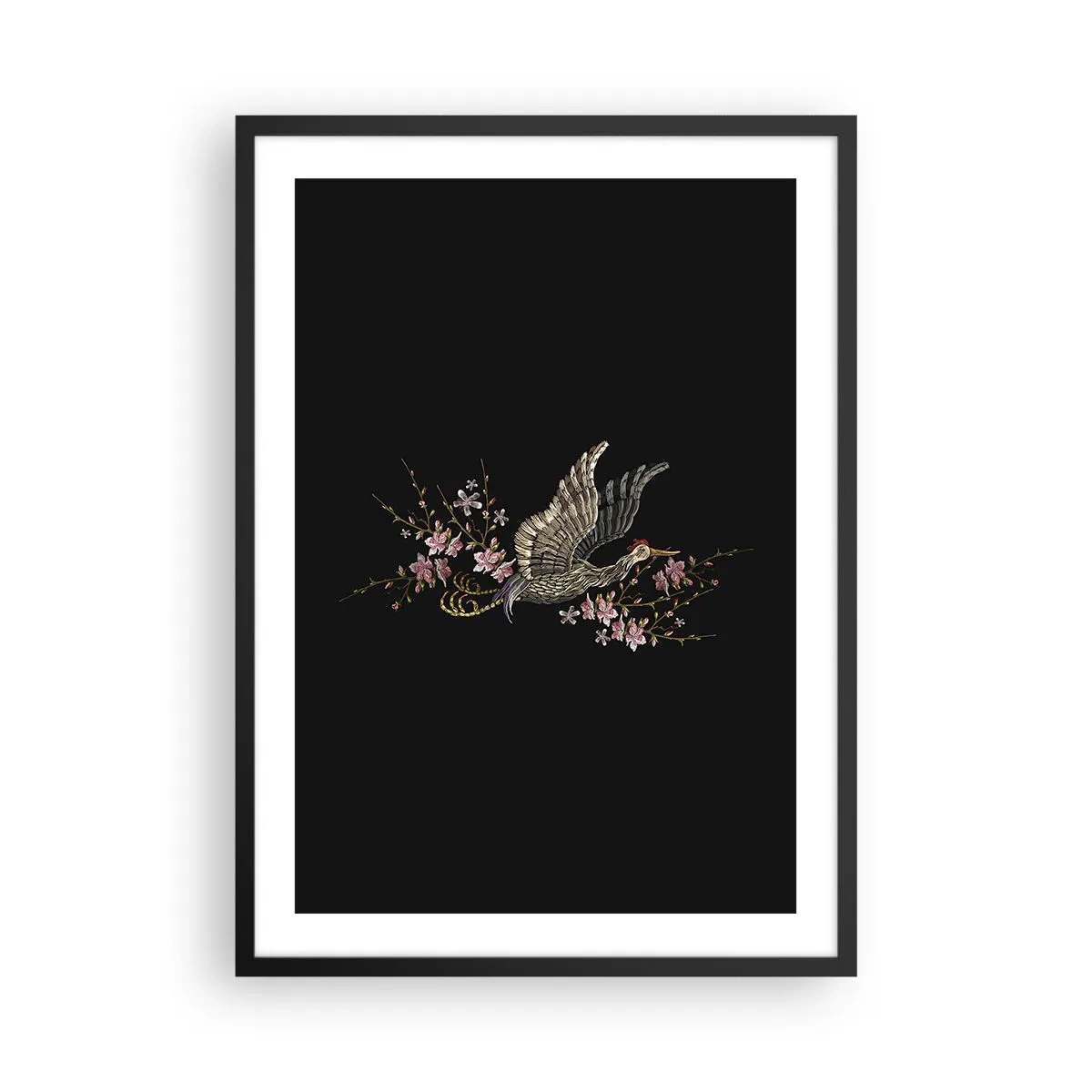 Poster in cornice nera - Una gru circondata da rami fioriti su uno sfondo nero - 50x70cm - Uccello esotico ricamato - Decorazione murale moderna per soggiorno e camera da letto ARTTOR