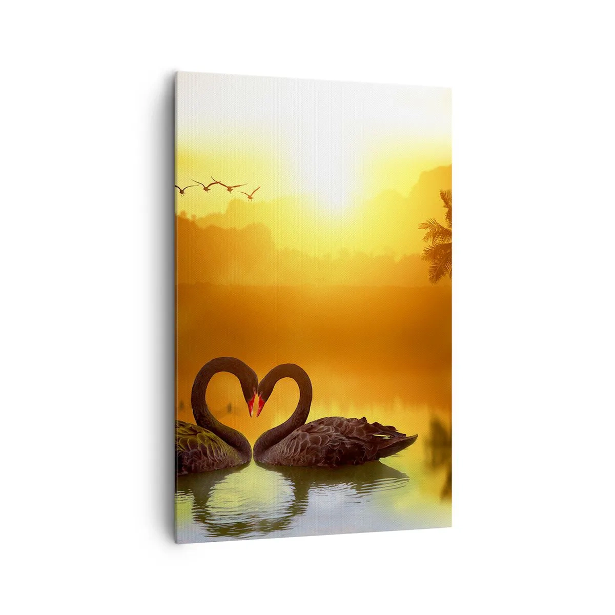 Quadro su tela - Stampe su Tela - Due cigni neri formano un cuore sullo sfondo di un tramonto sul lago - 80x120cm - Tutto in coppia - Decorazione murale moderna per soggiorno e camera da letto ARTTOR
