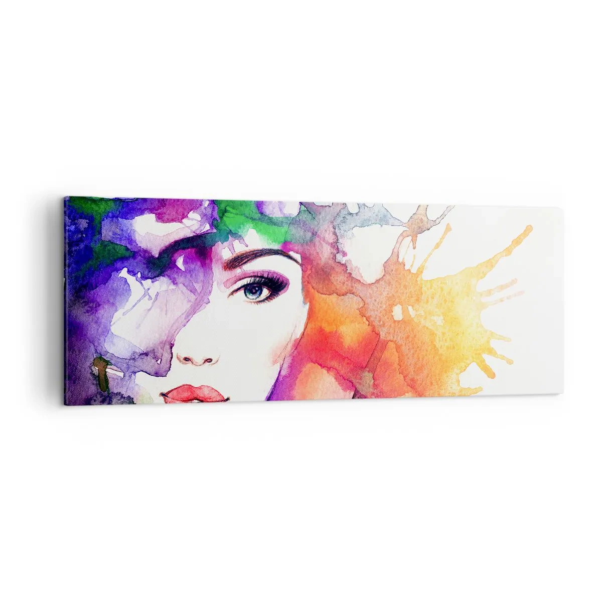 Quadro su tela - Stampe su Tela - Ritratto di una donna in colori acquerellati con macchie astratte - 140x50cm - Con la testa tra le nuvole - Decorazione murale moderna per soggiorno e camera da letto ARTTOR