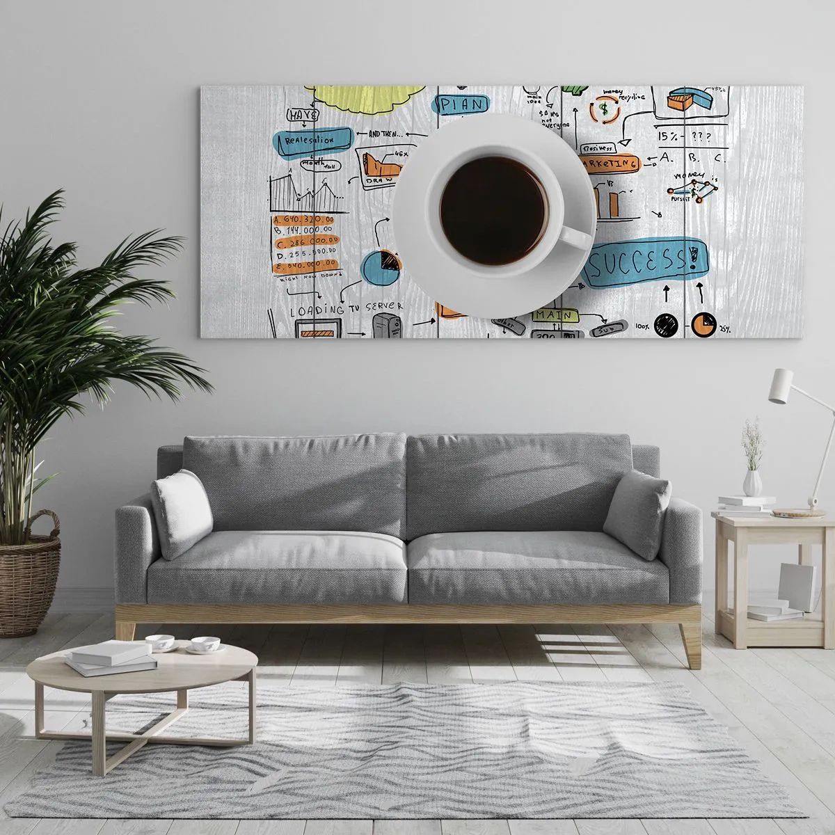 Quadro su vetro - Una tazza di caffè sullo sfondo di un disegno concettuale - 140x50cm - Un momento di pausa - Decorazione murale moderna per soggiorno e camera da letto ARTTOR