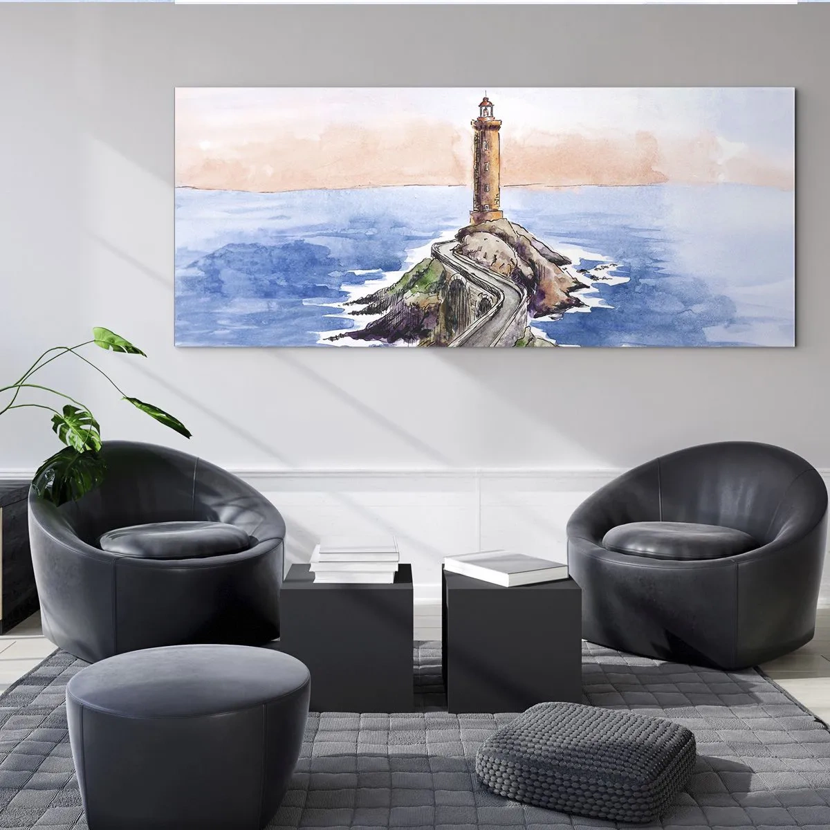 Quadro su vetro - Un faro su una costa rocciosa - 160x50cm - Rivolto verso il mare - Decorazione murale moderna per soggiorno e camera da letto ARTTOR