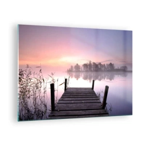 Quadro su vetro - Un molo all'alba su un lago calmo - 70x50cm - Nebbia color lilla - Decorazione murale moderna per soggiorno e camera da letto ARTTOR