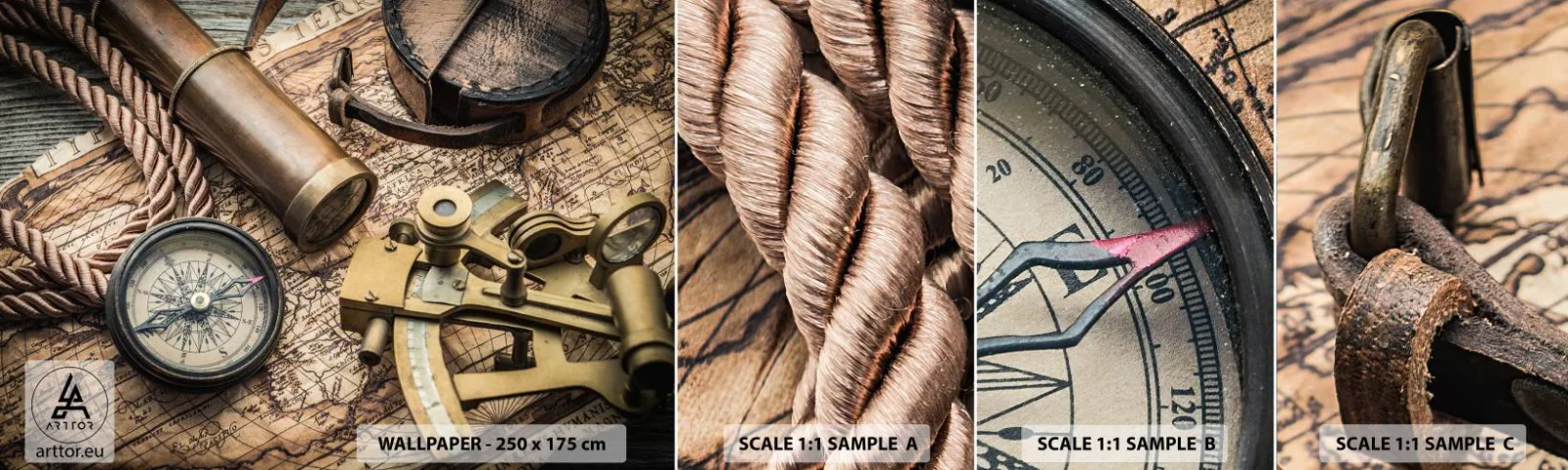 Campione Di Fotomurale Standard Eco - Traccia la rotta - Nautico, Mappa del mondo, Bussola - 100x30 cm