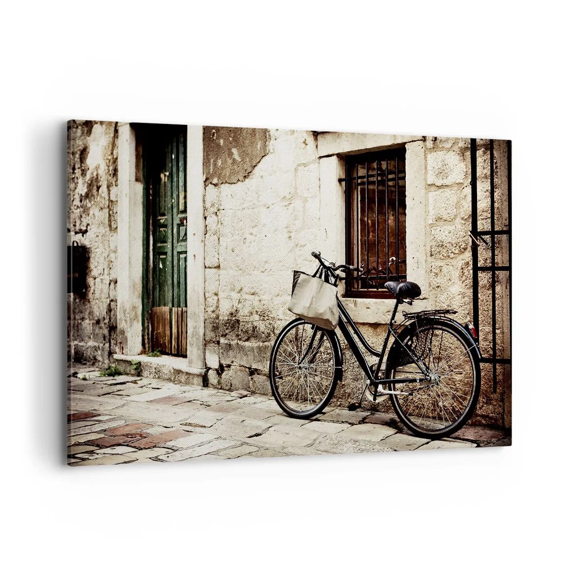 Quadro su tela - Stampe su Tela - Una bicicletta contro un muro di pietra con una finestra e una porta in stile retrò - 120x80cm - Ritorno al passato - Decorazione murale moderna per soggiorno e camera da letto ARTTOR